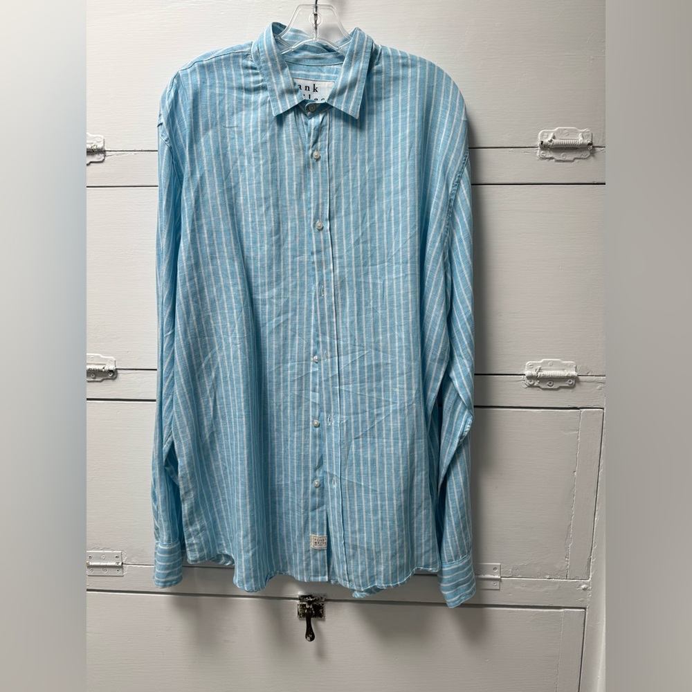 Frank and Eileen. Men’s baby blue and white striped long sleved cotton shirt XXL